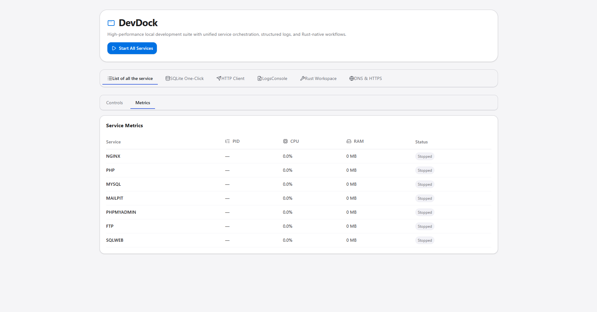 DevDock dashboard overview