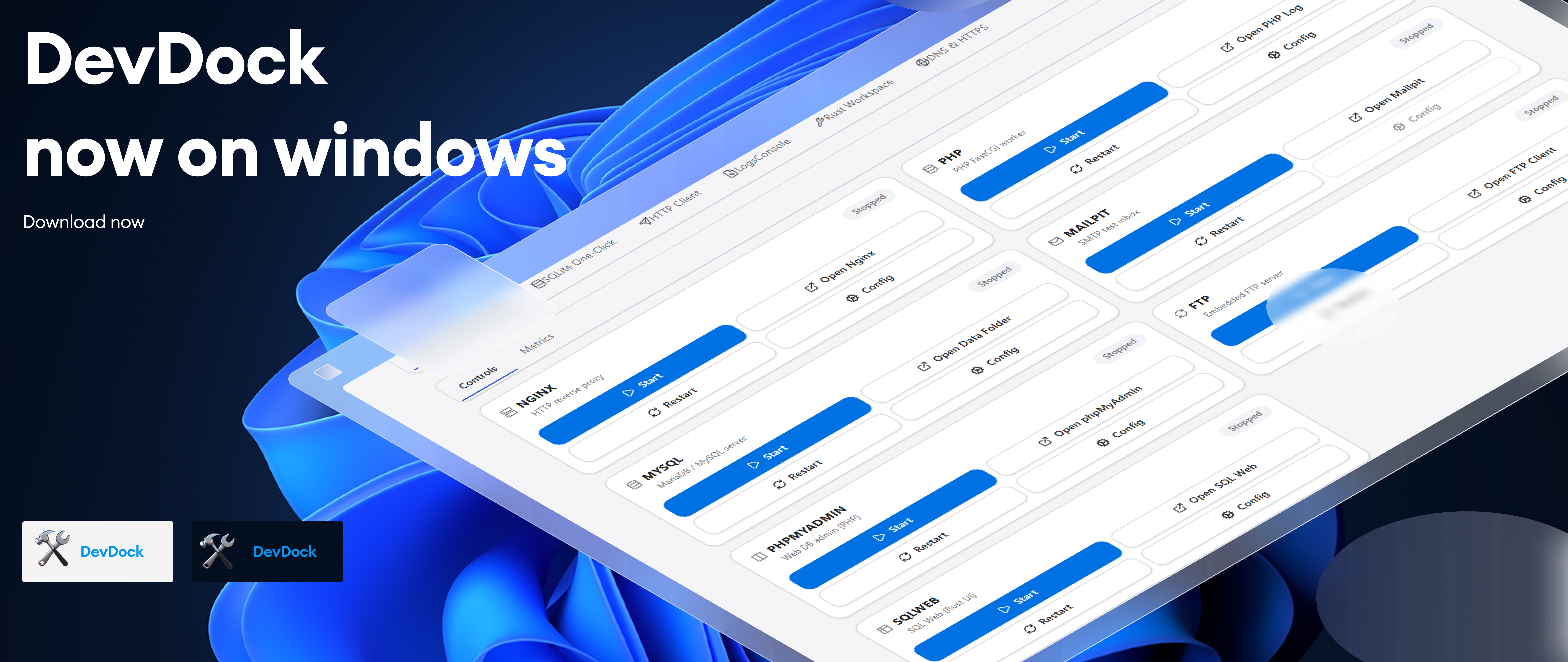 DevDock application preview showing services and tools